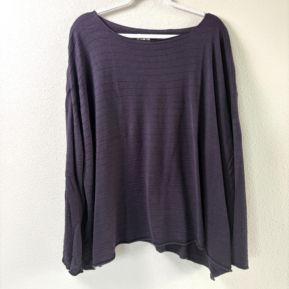 Planet by Lauren G Top One Size Blue Ribbed Long Sleeve Oversized Boxy Lagenlook